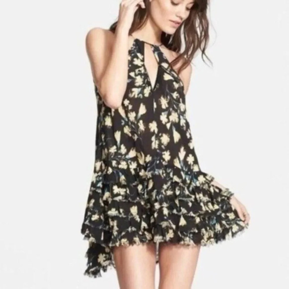 FREE PEOPLE Ruffled Raw Fray Hem Floral Mini Halter Slip Dress Black - Picture 1 of 11